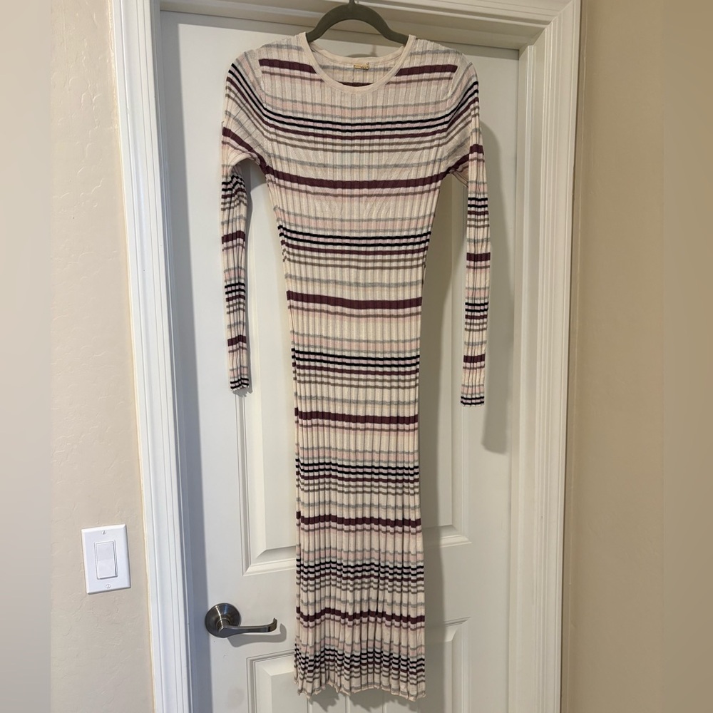 Adam Lippes Cream Maxi Dress with Burgundy & Black Stripes